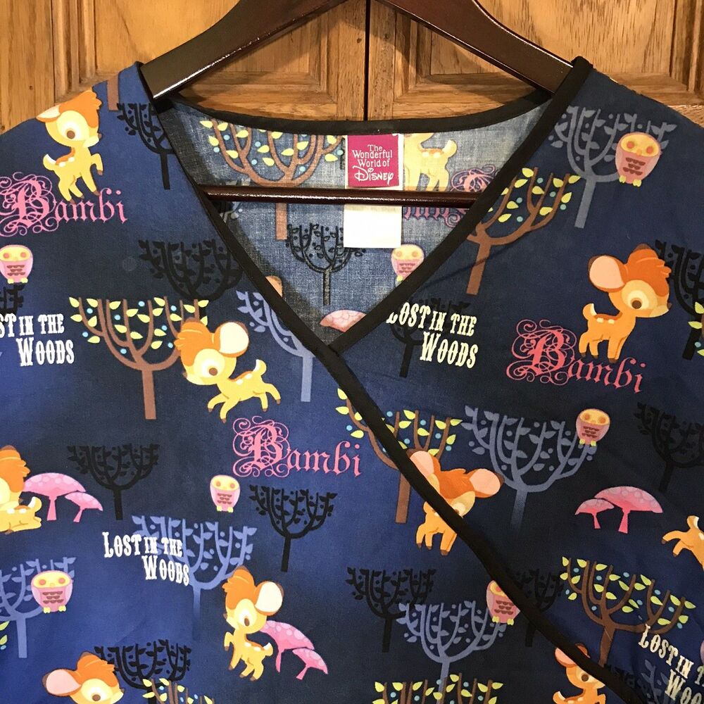 Disney Bambi Lost in the Woods Scrubs Womens L Multicolor Back Tie Wrap 2 Pocket